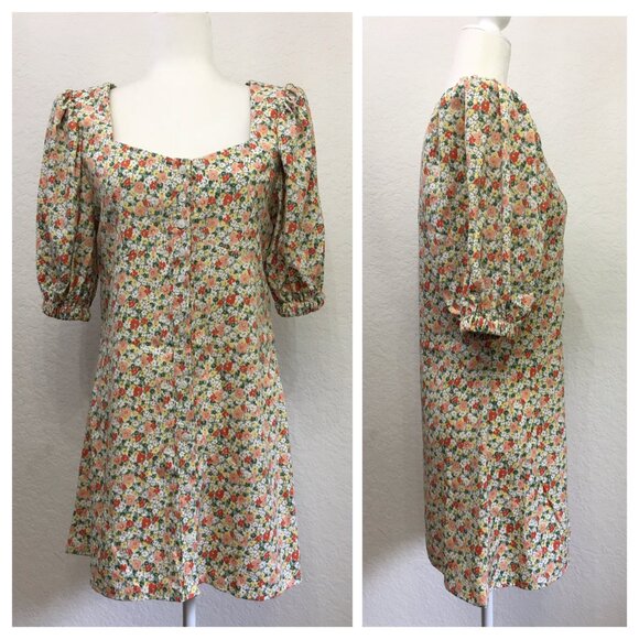 NADA Korean Fashion Women XS Floral Button Front Mini Dress Puffed Sleeves - Picture 1 of 16